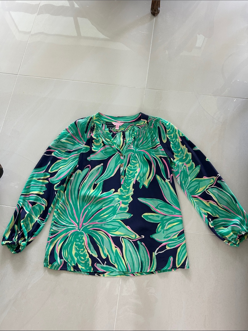 Lilly Pulitzer Navy Top with Green & Pink Tropical Print